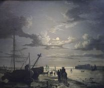 Attributed to Henry Pether (fl.1825-1865) Fisherfolk along the shore at midnightoil on canvas laid