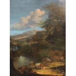 18th century Flemish School Cattle drover and other figures at rest in an Italianate landscapeoil on