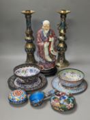 A Chinese porcelain figure of Shao Lao, a pair of Japanese bronze and champleve enamel candlesticks,