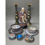 A Chinese porcelain figure of Shao Lao, a pair of Japanese bronze and champleve enamel candlesticks,