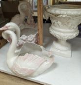 Decorative modern continental pottery, including two jardinières, modelled with swans, a white