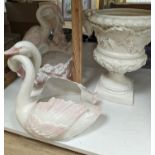 Decorative modern continental pottery, including two jardinières, modelled with swans, a white