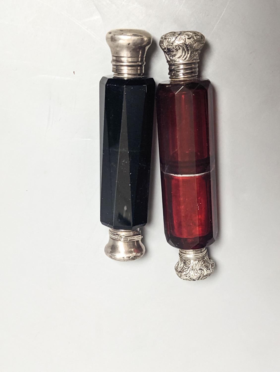 Two Victorian white metal mounted green or ruby glass double ended scent bottles, largest 13cm. - Image 3 of 3