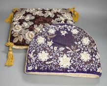 A 19th century Berlin bead worked tea cosy on purple velvet with a similar cushion,Cushion 36 cms