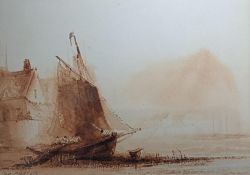 Henry Barlow Carter, (1803-1867), ‘Sailing Vessel on a Beach’, framed sepia watercolour, signed.