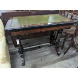 A late Victorian ebonised and bird's eye maple folding writing / card table, width 91cm, depth 48cm,