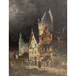 S.F.D. Ley, oil on canvas board, Flemish street scene, signed, 41 x 32cm