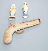 Two prattware figures circa 1800. and a salt-glazed pistol 25cm