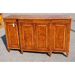 A reproduction George III style banded burr walnut breakfront side cabinet, width 154cm, depth 50cm,