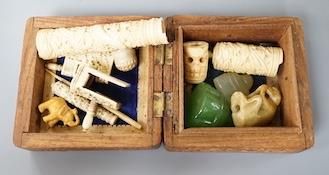 A group of 19th century ivory carvings, carved mineral buddha, monkey etc