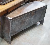 A 17th century oak six plank coffer, length 130cm, depth 37cm, height 58cm