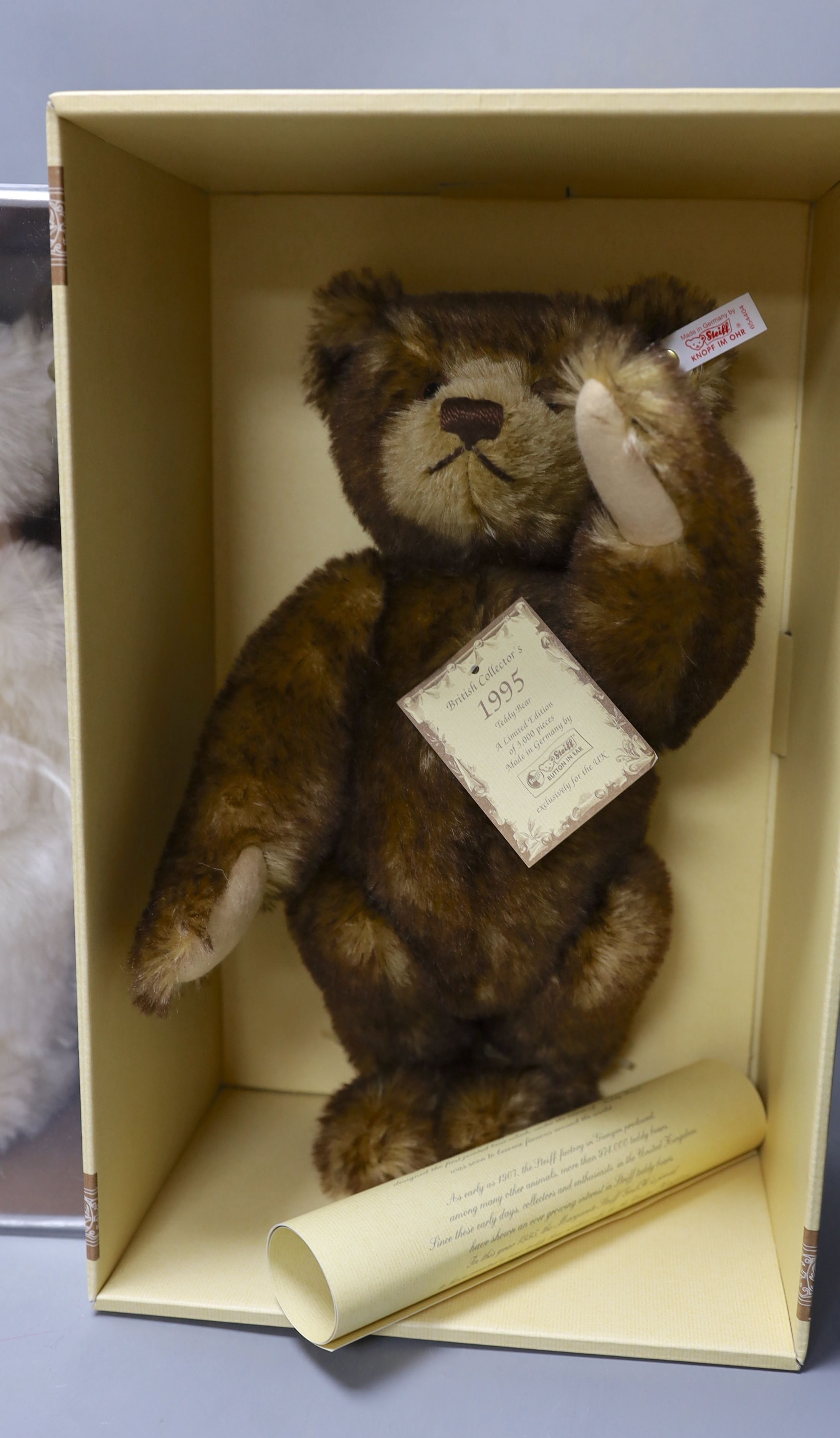 A white tag Steiff Muzzle teddy bear, 33cm, box/cert. with brown tipped British Collectors Bear, - Image 5 of 8