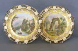 A pair of Coalport pierced border plates painted with named ruins scenes Chepstow Castle and Ruins