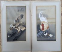 Ohara Koson (1877-1945), pair of woodblock prints, Study of chickens and an eagle, 34 x 18cm,