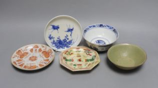 A Korean celadon bowl, a Chinese blue and white bowl, an iron red dish a famille Verte saucer and
