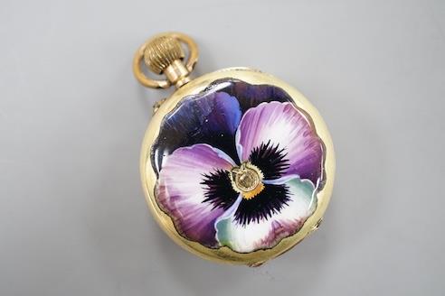 A continental 14k yellow metal, rose cut diamond and enamel set open faced keyless fob watch, - Image 3 of 12