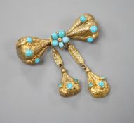 A Victorian yellow metal and turquoise cluster set double drop mourning brooch, drop 4cm, gross