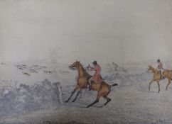 Attributed to Henry Alken, watercolour and pencil, Hunting scene, 25 x 35cm, unframed