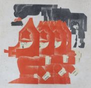 Igor Obrosov (Russian, 1930-2010), linocut, Figures with burning building beyond, signed in