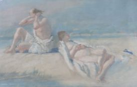 Early 20th century English School, oil on canvas, Female bathers on the shore, 40 x 60cm