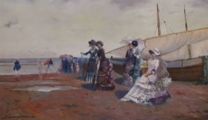 J. Sanchez, oil on canvas, Edwardian ladies on the beach, signed, 32 x 54cm