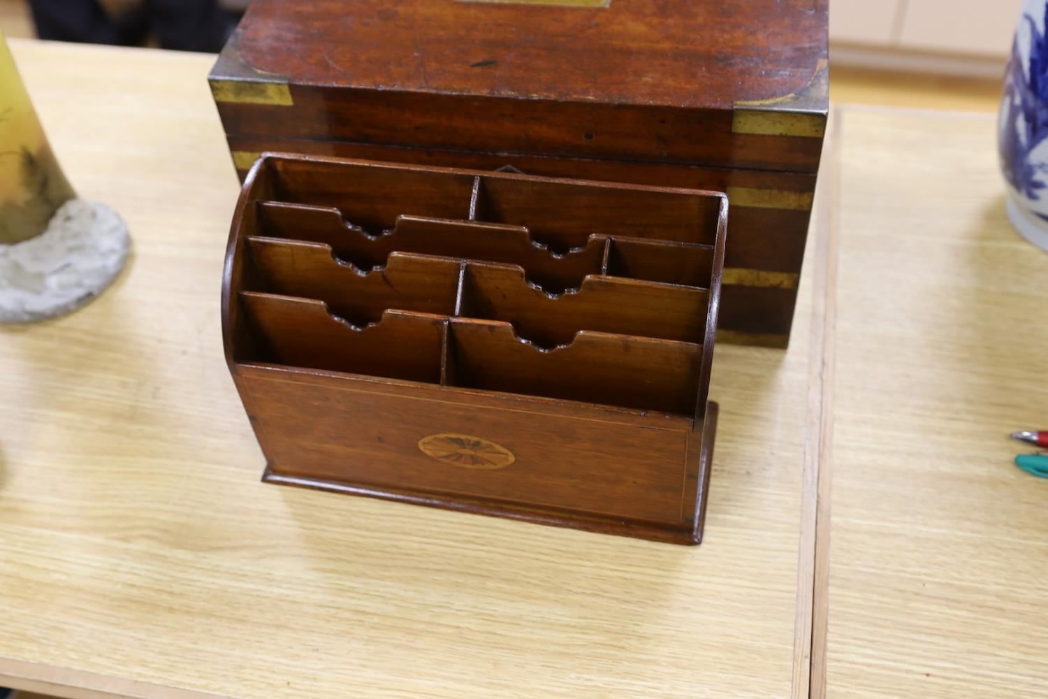 A military style Victorian mahogany box and Edwardian inlaid stationary rack,box 38 cms wide x 20 - Image 4 of 6