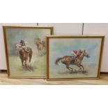 Glenn Ford, two oils on board, Horse racing scenes, signed, 59 x 49cm