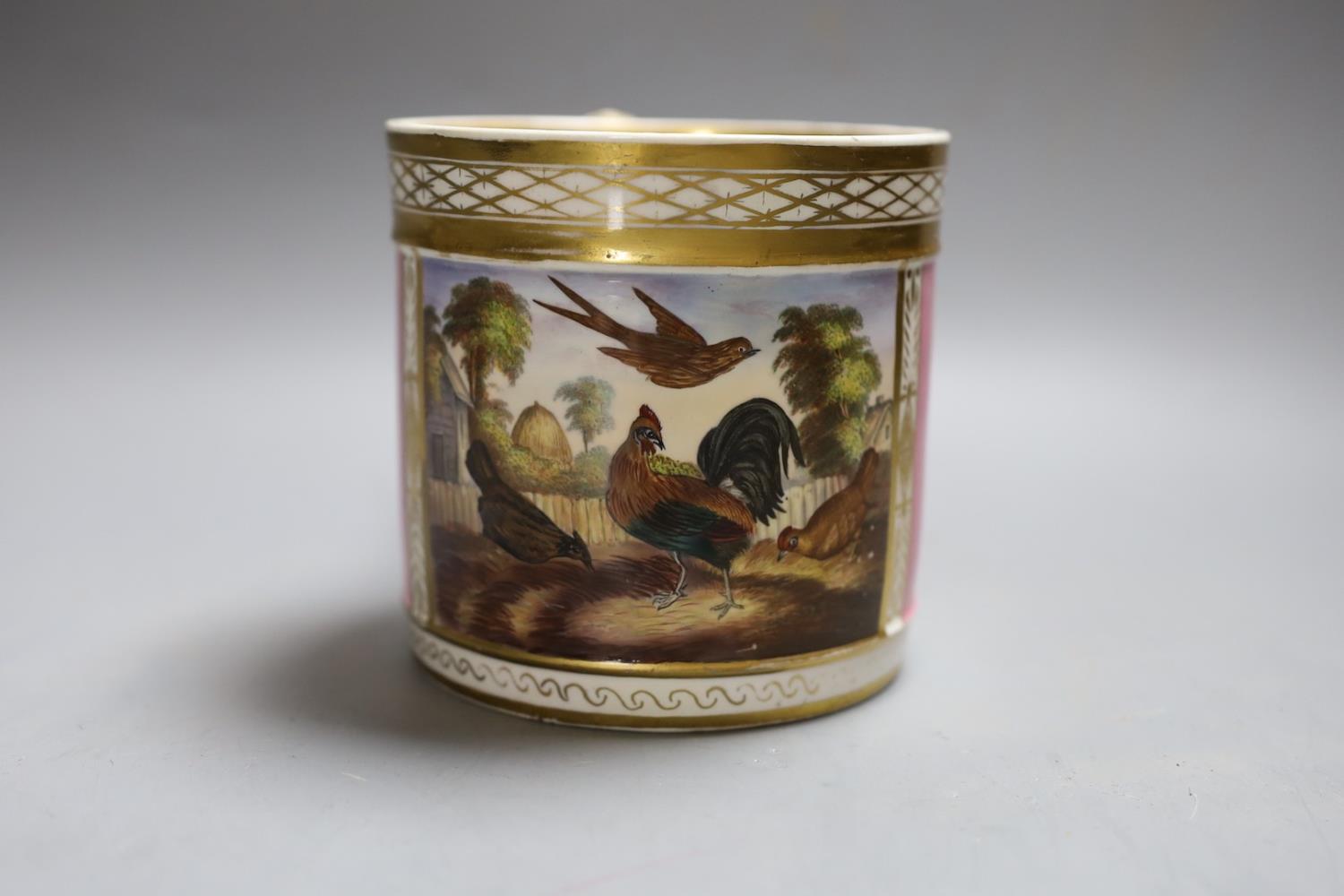 A Derby porter mug of large size painted with birds in a garden scene within a gilt panel on a - Image 4 of 10