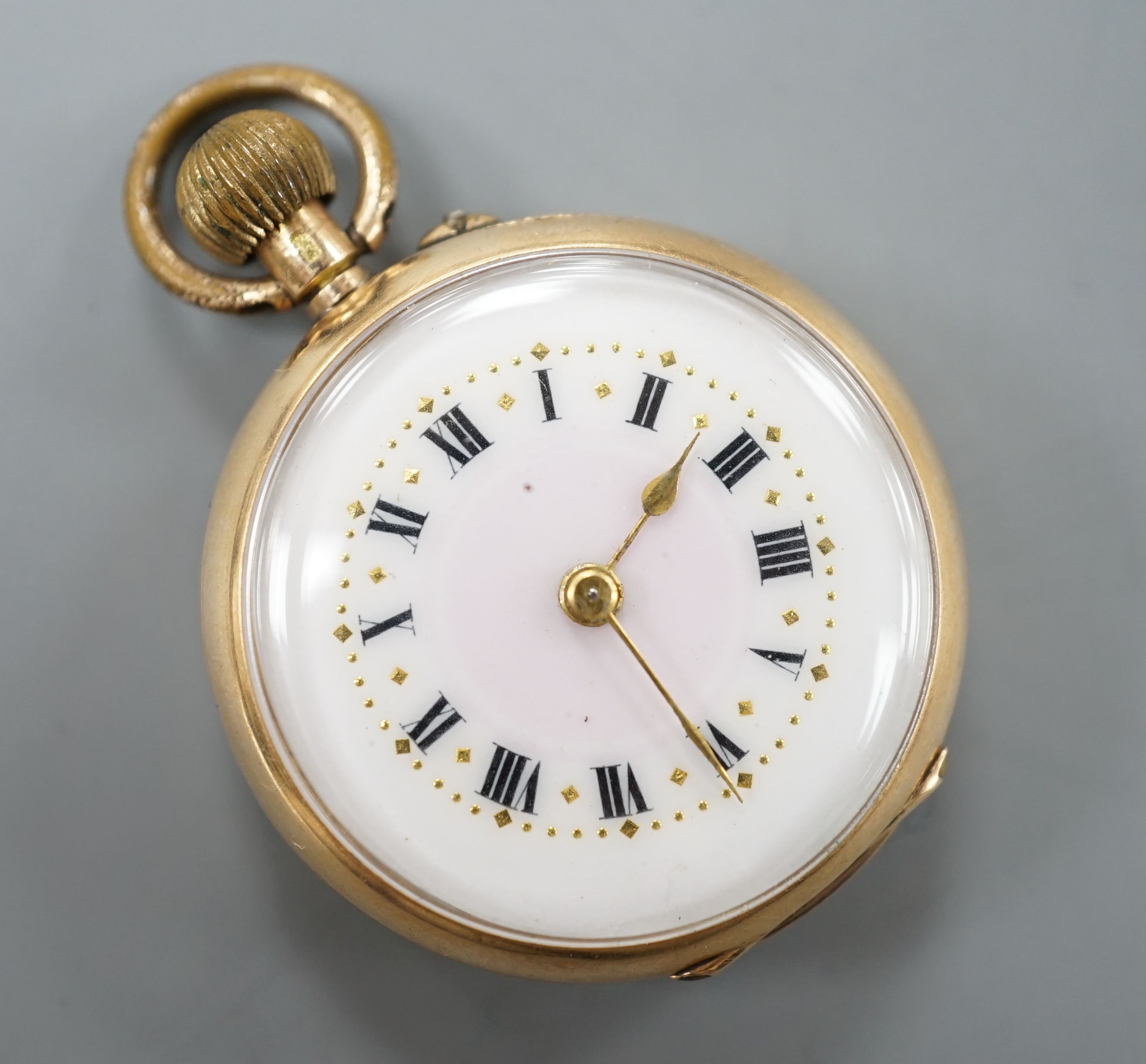 A continental 14k yellow metal, rose cut diamond and enamel set open faced keyless fob watch,