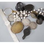 A collection of coins, magnifying loupes, cultured pearl necklace, etc.