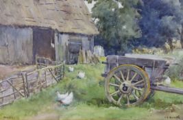 C.E. Baker, watercolour, 'Brede'; chickens beside a barn, signed, 18 x 27cm