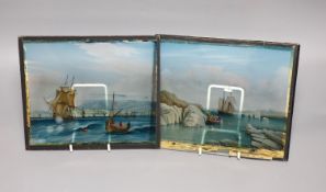 A pair of late 19th century reverse painted glass panels of HMS Victory, possibly large scale