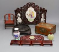 A group of Chinese wood stands, box, model chair, snuff bottle etc