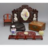 A group of Chinese wood stands, box, model chair, snuff bottle etc