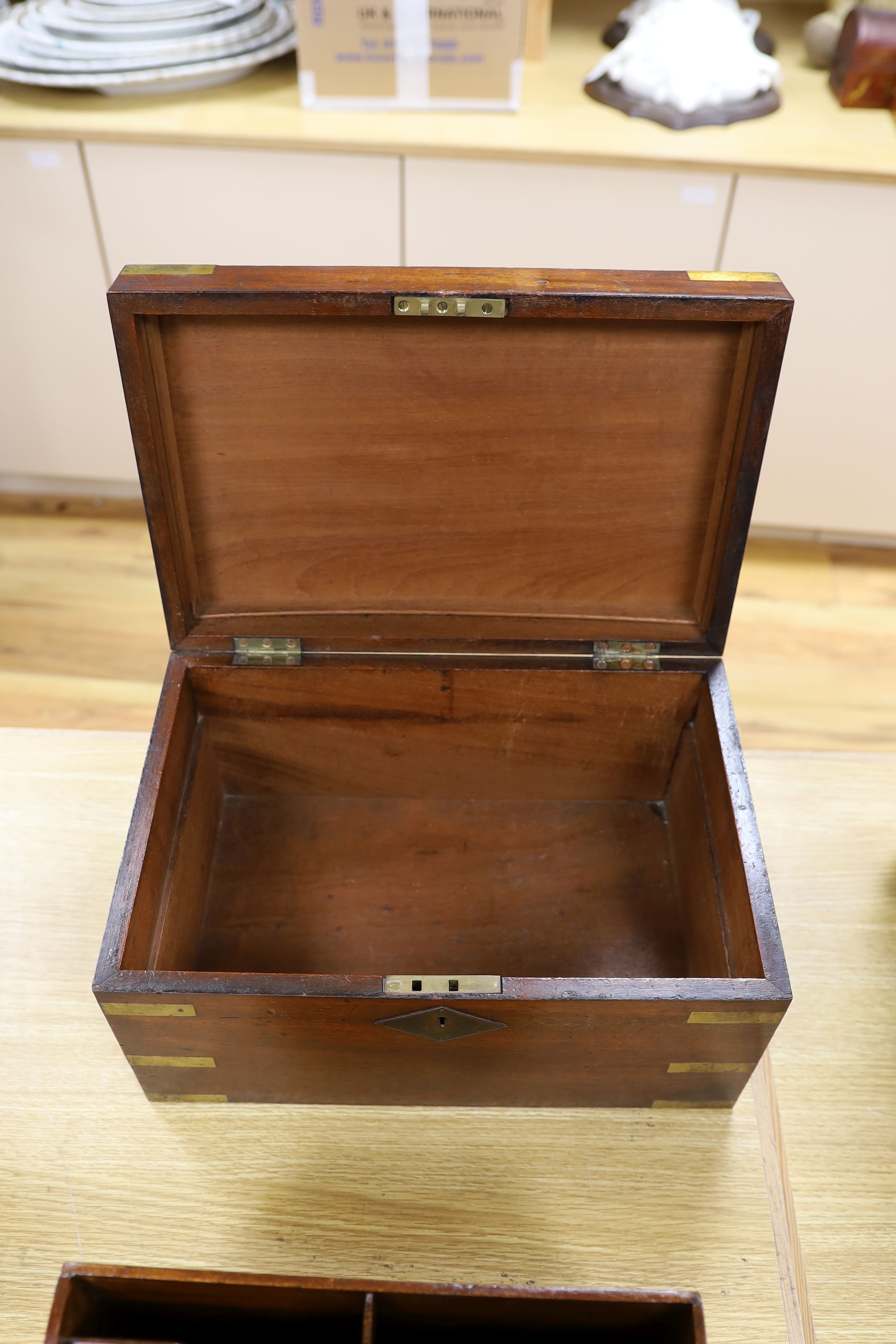 A military style Victorian mahogany box and Edwardian inlaid stationary rack,box 38 cms wide x 20 - Image 5 of 6