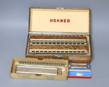 Three cased Hohner harmonicas including a chronomatica no.265