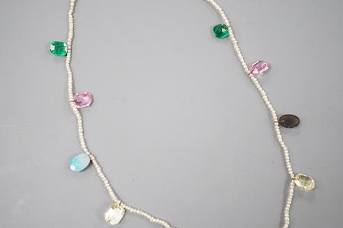 A multi coloured paste and opal doublet set baroque seed pearl necklace, 42cm. - Image 4 of 10