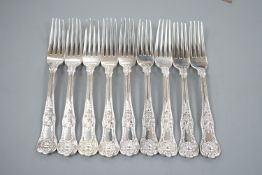 A set of nine early Victorian silver Queen's pattern dessert forks, William Eaton, London, 1837,