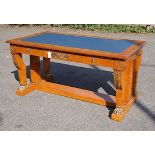 An Empire style gilt metal mounted bird's eye maple bureau plat fitted three drawers, width 160cm,