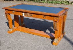 An Empire style gilt metal mounted bird's eye maple bureau plat fitted three drawers, width 160cm,