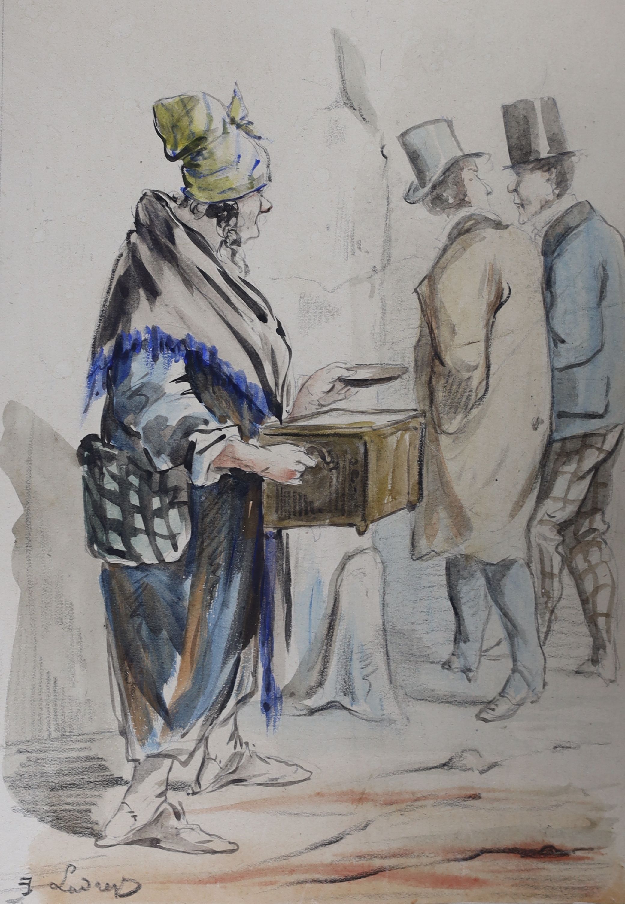 French School, pencil and watercolour, Street vendor and passing gentleman, signed, 23 x 16cm