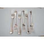 A set of six Edwardian silver Hanovarian pattern table forks, Walker & Hall, Sheffield, 1909, 14oz.