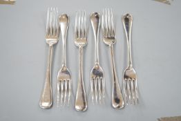 A set of six Edwardian silver Hanovarian pattern table forks, Walker & Hall, Sheffield, 1909, 14oz.