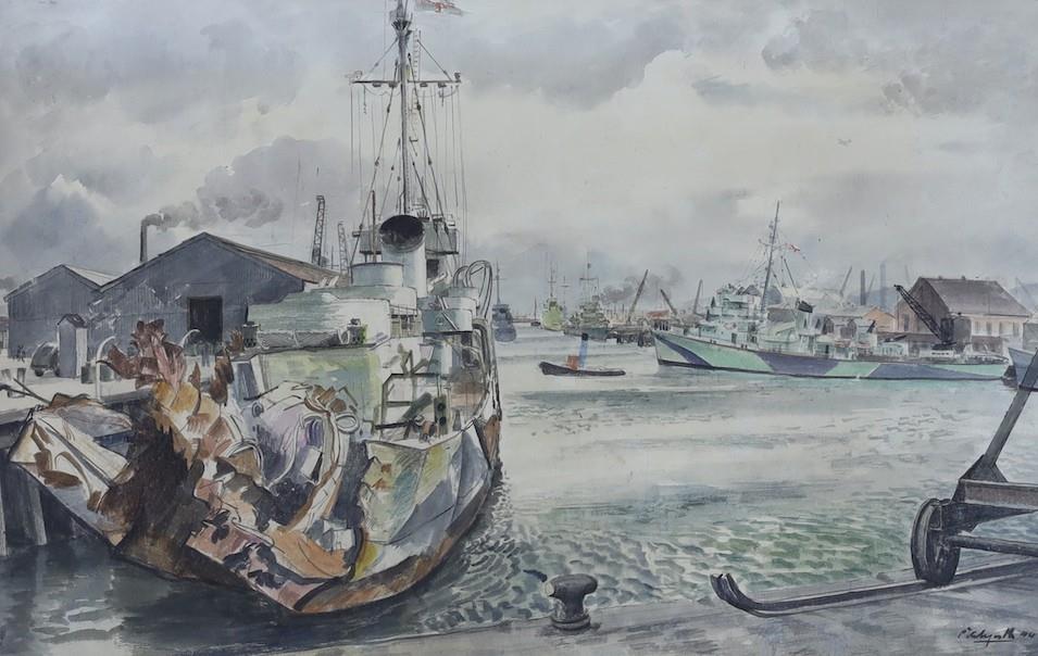 Roland Vivian Pitchforth (1895 -1982), watercolour and ink, 'Torpedoed frigate', signed and dated ' - Image 2 of 6