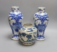 A pair of Chinese blue and white ‘boys’ baluster vases and a Chinese blue and white jar, 19th-