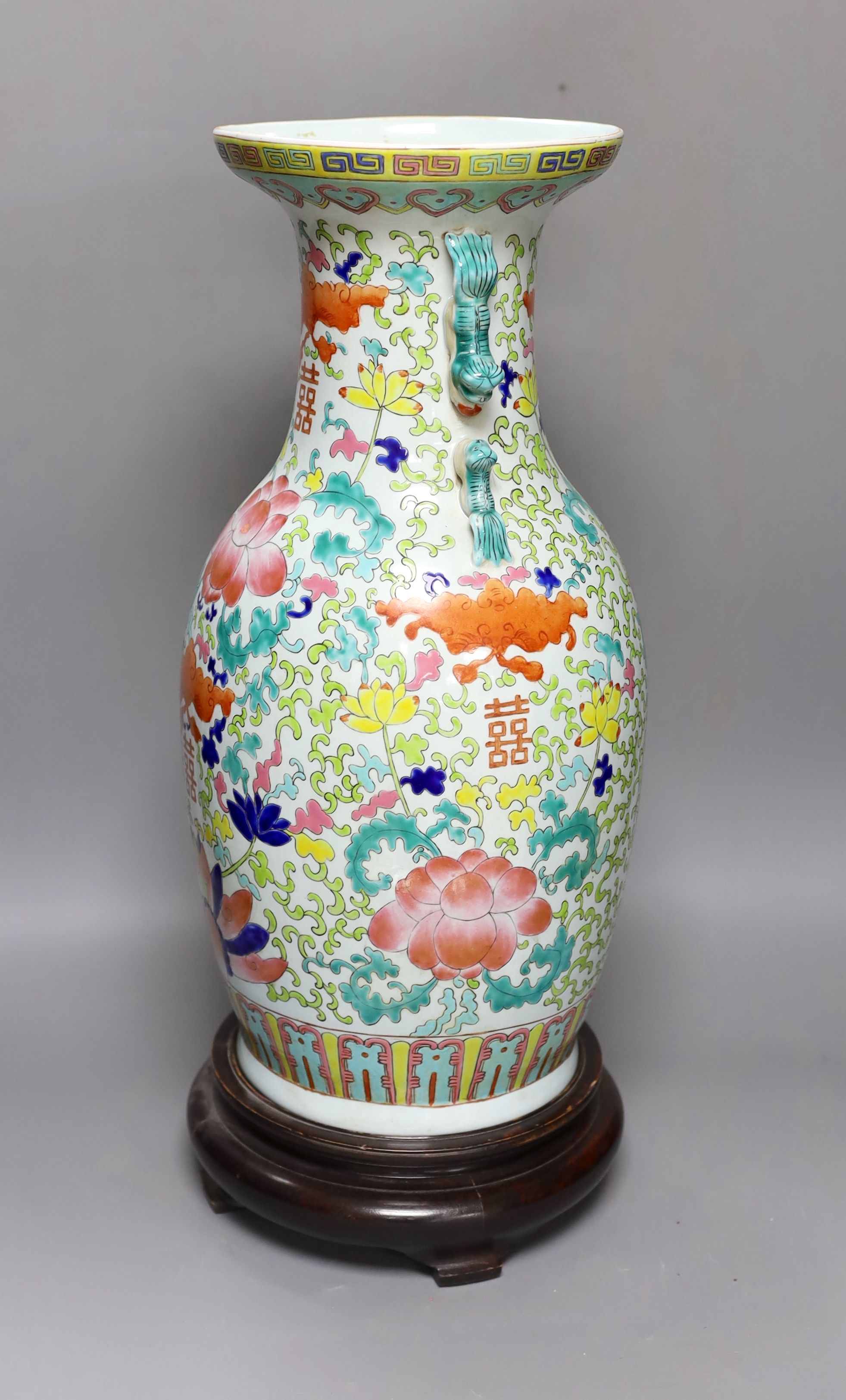 A large Chinese enamelled porcelain vase, on wood stand 53cm - Image 3 of 12