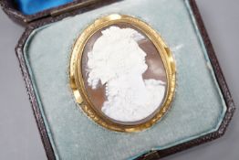 A cased Victorian yellow metal mounted oval cameo shell brooch, carved with the bust of a lady to