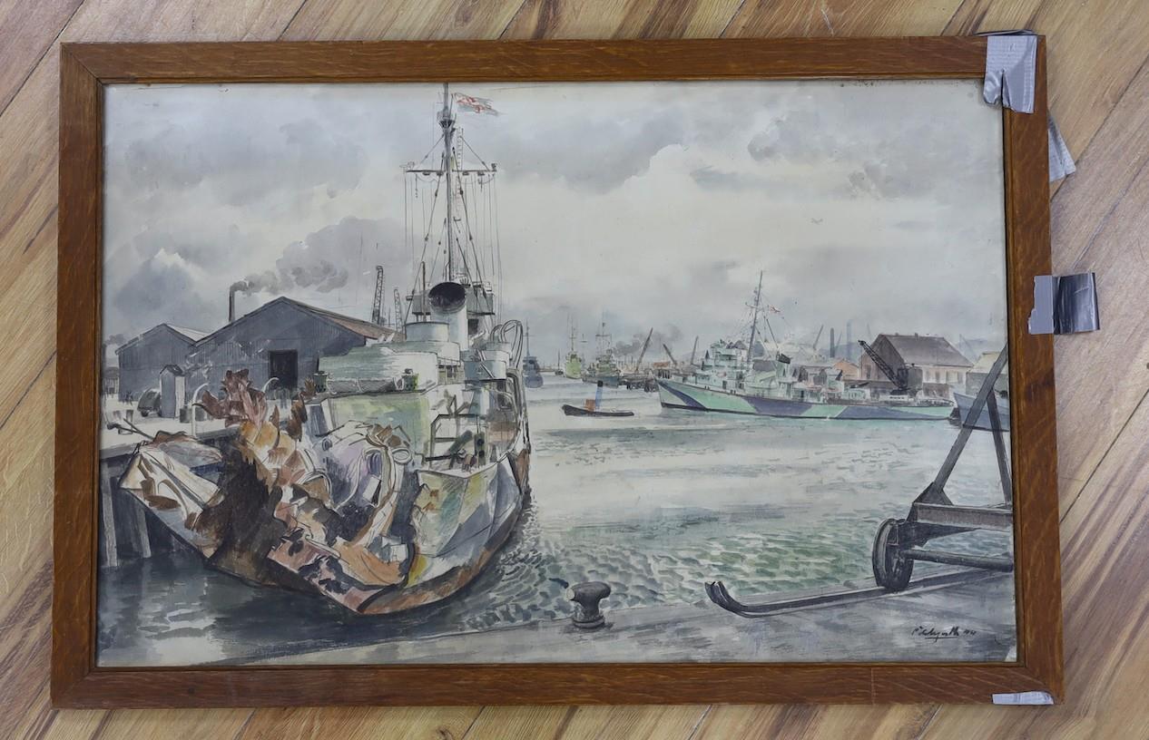 Roland Vivian Pitchforth (1895 -1982), watercolour and ink, 'Torpedoed frigate', signed and dated ' - Image 4 of 6
