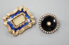 A Victorian yellow metal overlaid and blue enamel set mourning brooch, 31mm and one other seed pearl