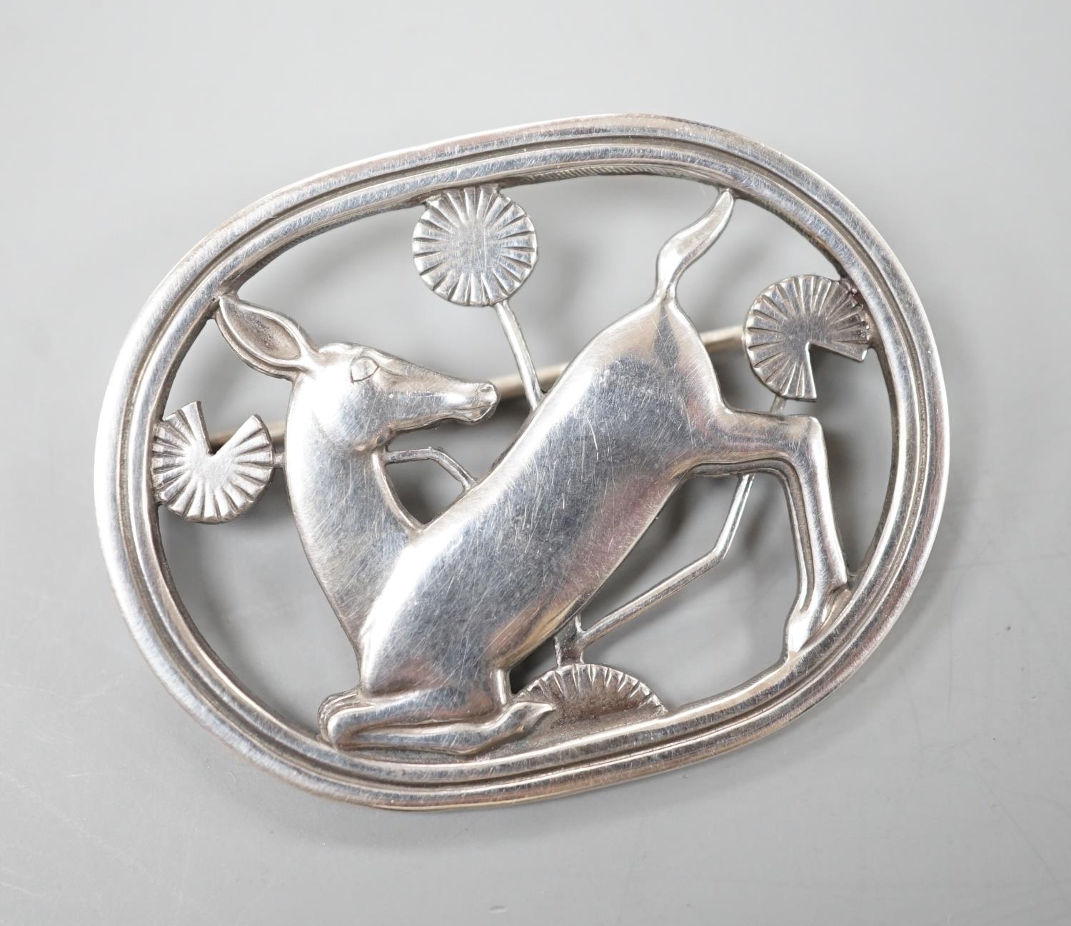 A Georg Jensen sterling 'knelling deer' oval brooch, no. 256, 42mm. - Image 2 of 6